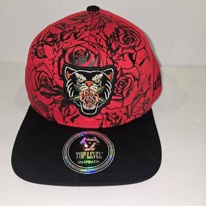 Top Level Men's snapback hats Ruthless Tiger And Roses. Black And Red
